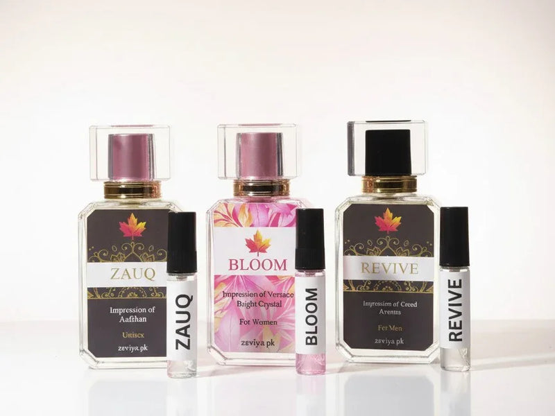 ZEVIYA Pack of 3 Perfume Testers – affordable premium perfume samples for men and women, long-lasting fragrance impressions inspired by luxury brands in Pakistan.